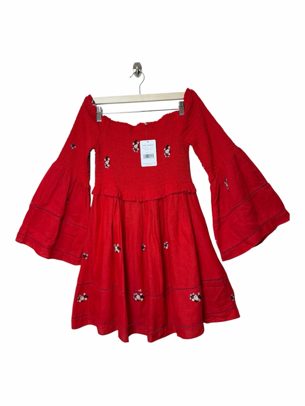 Floral Embroidered Mini Dress Red Free People Smocked Bell Sleeve S Romantic
